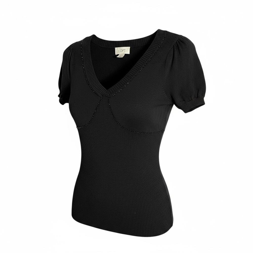 LOFT Black Ribbed Beaded Short Sleeve Sweater XS